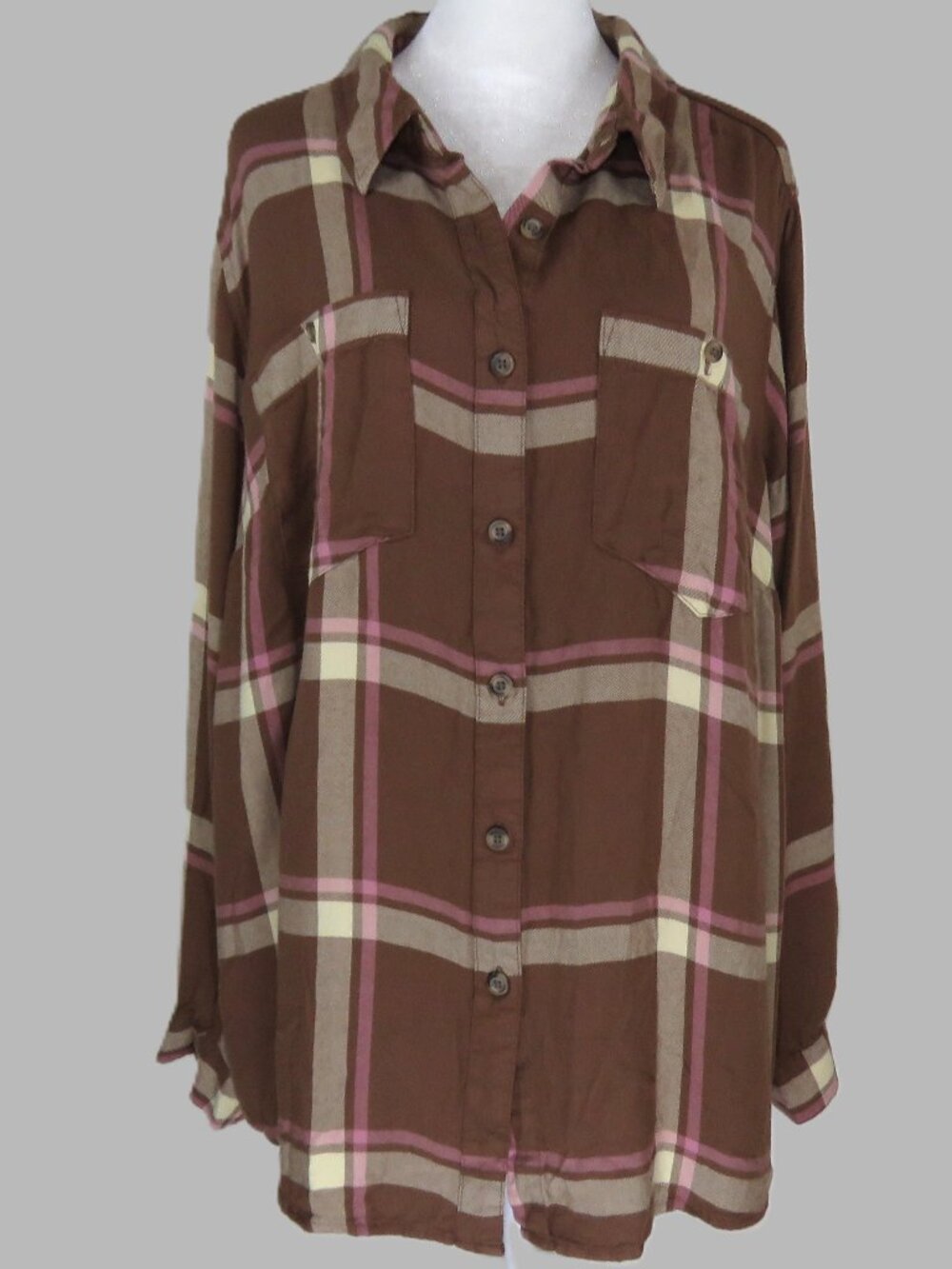 Ava & Viv Women's Brown & Tan Plaid Long-Sleeve Button-Up Shirt Size 1X (C2122)